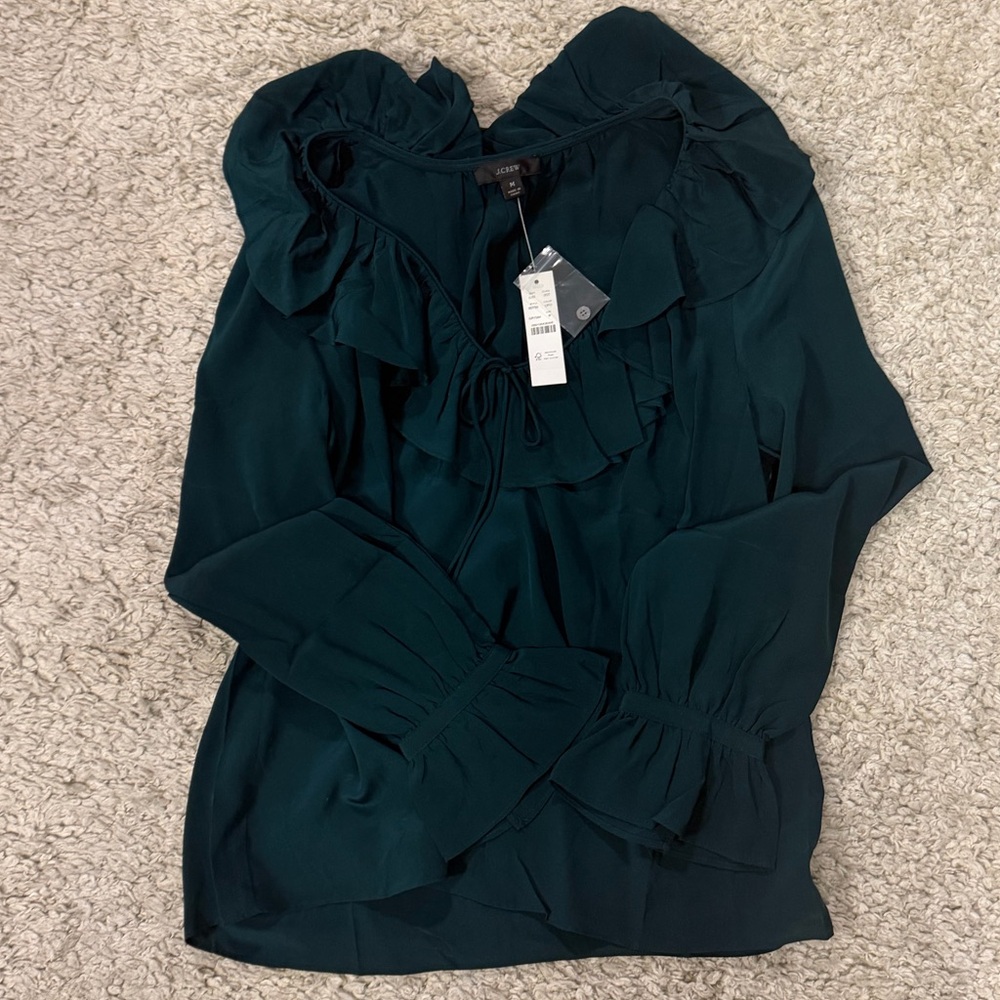 JCrew Deep green silk Ruffle Tie-Neck Blouse